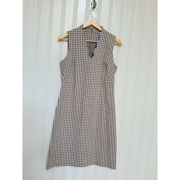 J McLaughlin Amelia Cloth Brown White Gingham Scallop Vneck Vilma Dress 8 $228 - Picture 4 of 9